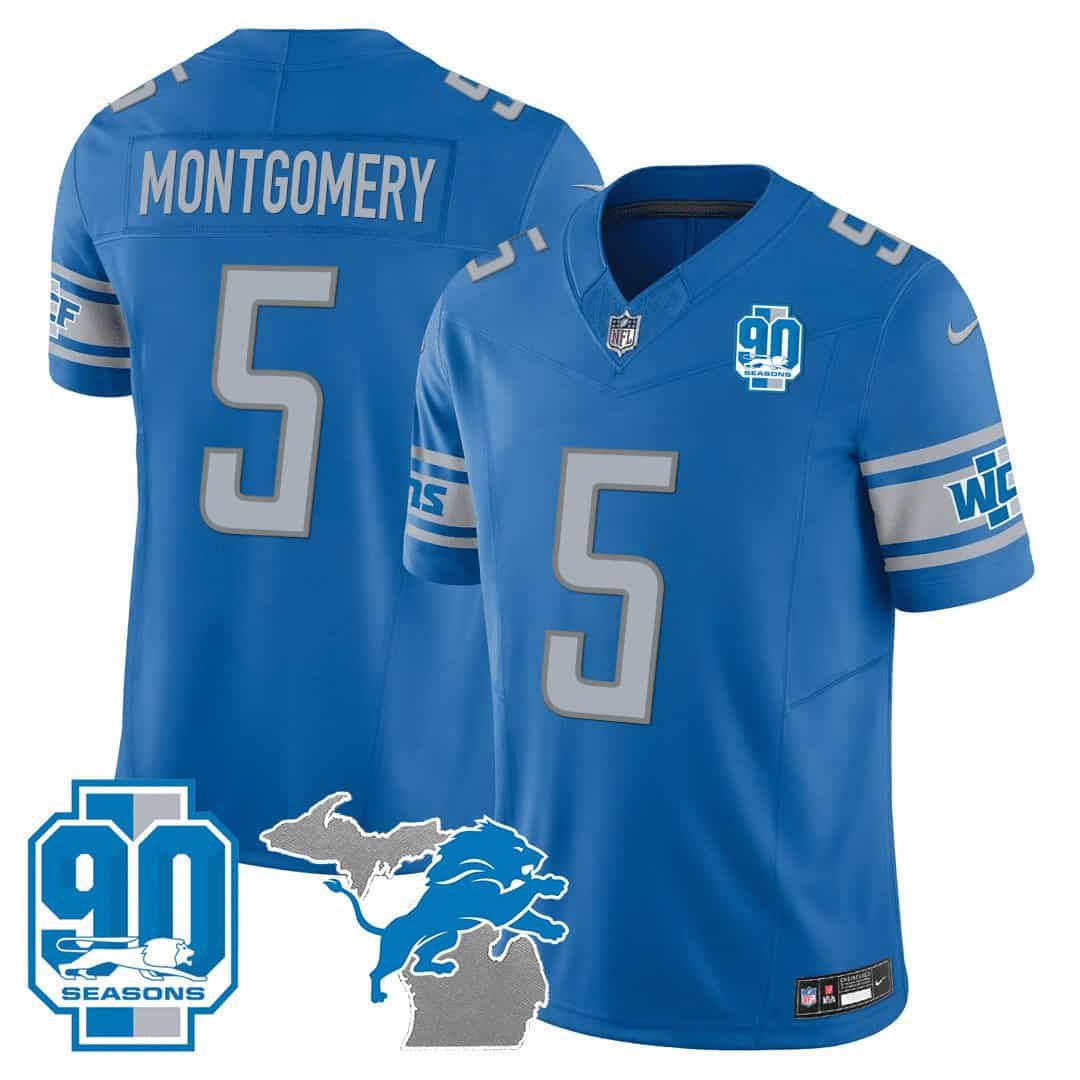 Men Detroit Lions #5 Montgomery Blue 2024 Nike 90th Year Michigan Patch Vapor NFL Jersey style 1